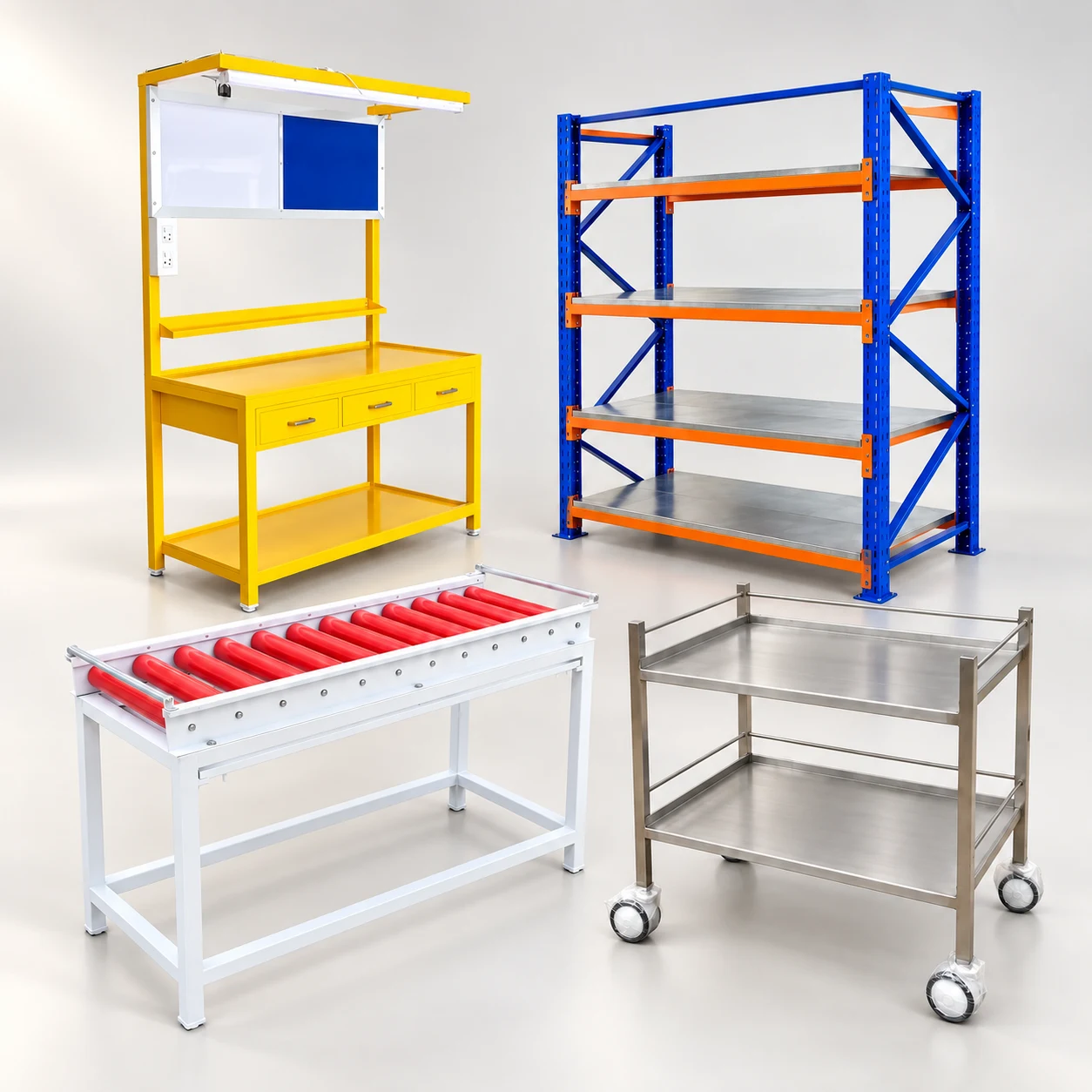 Composite arrangement of a yellow assembly table, blue-and-orange four-level rack, red roller conveyor and stainless two-tier trolley