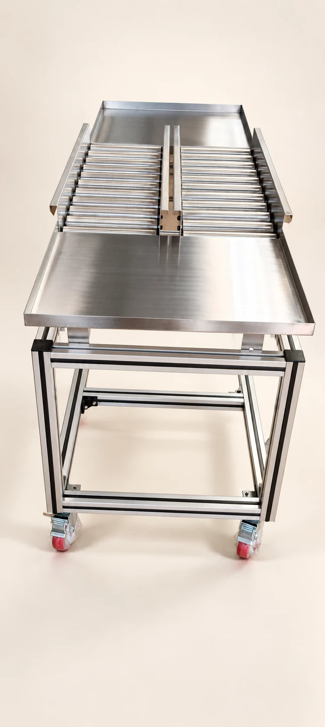 Silver mobile table with central roller sections — AI-cleaned product photograph
