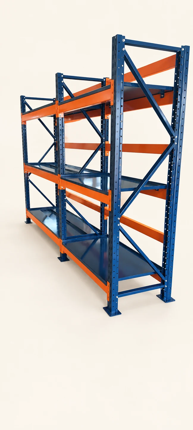 Four-level blue and orange rack — AI-cleaned product photograph