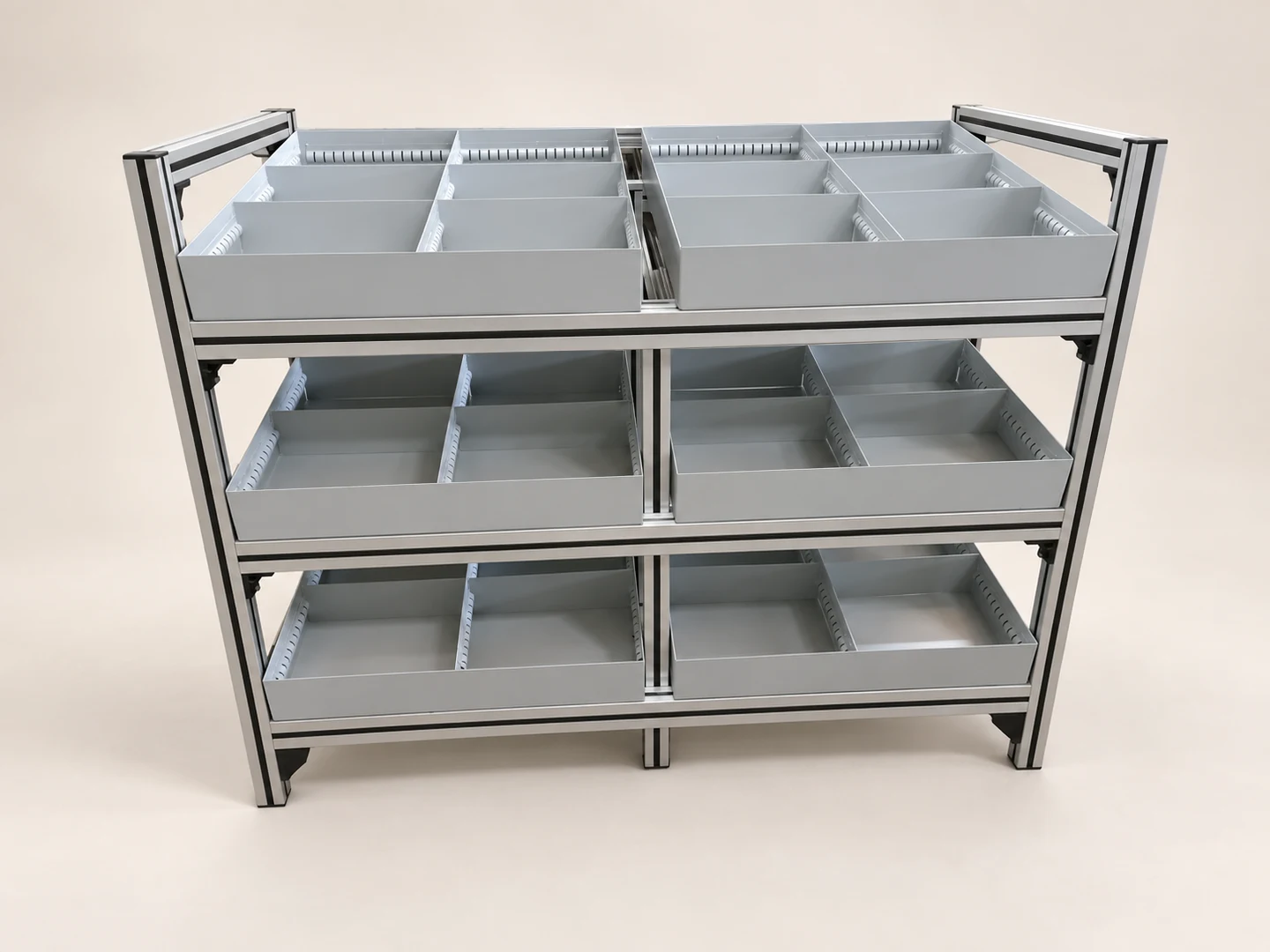Double-width three-tier divided tray rack — AI-cleaned product photograph