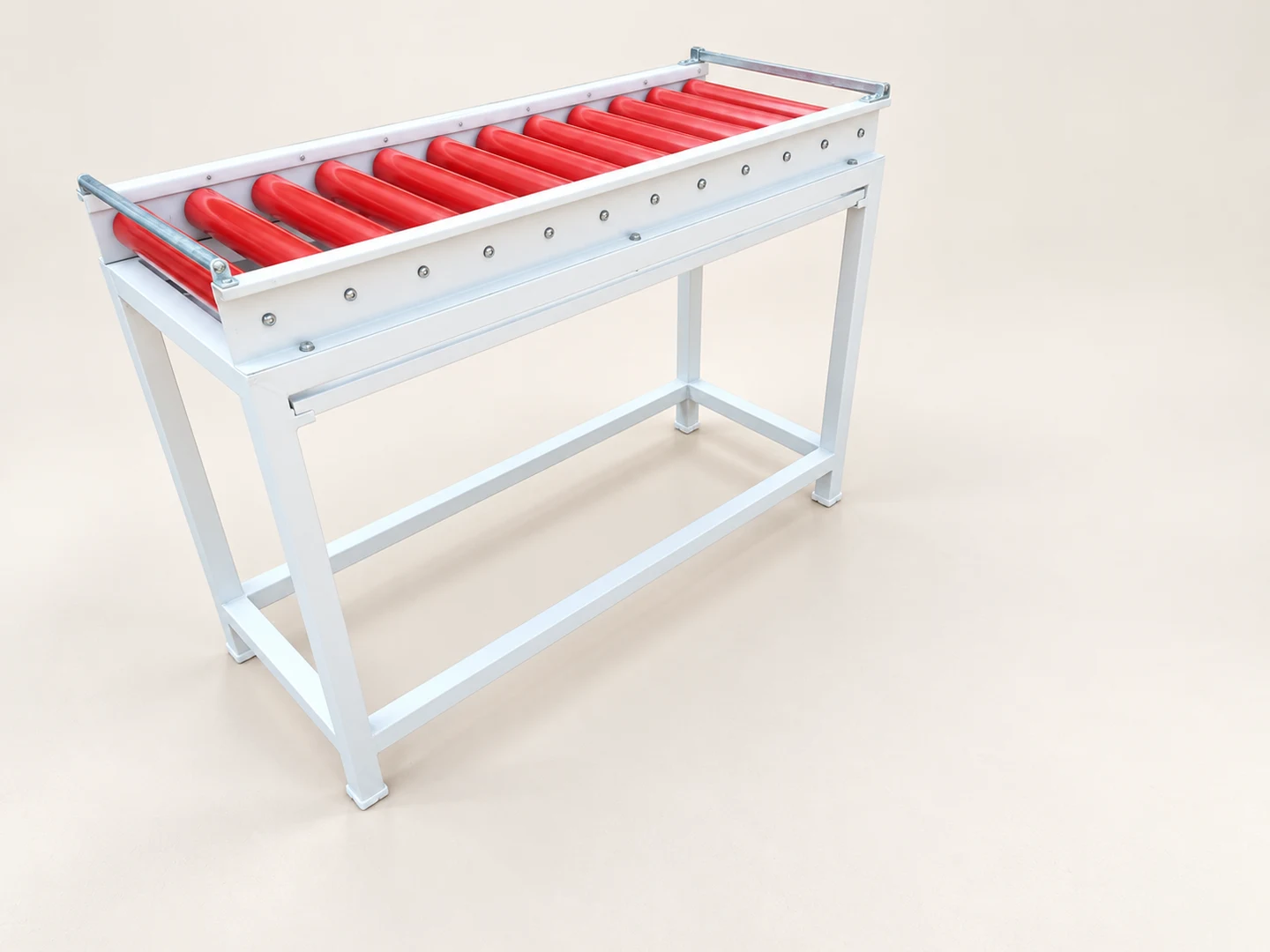 Short red roller conveyor with white fixed frame — AI-cleaned product photograph