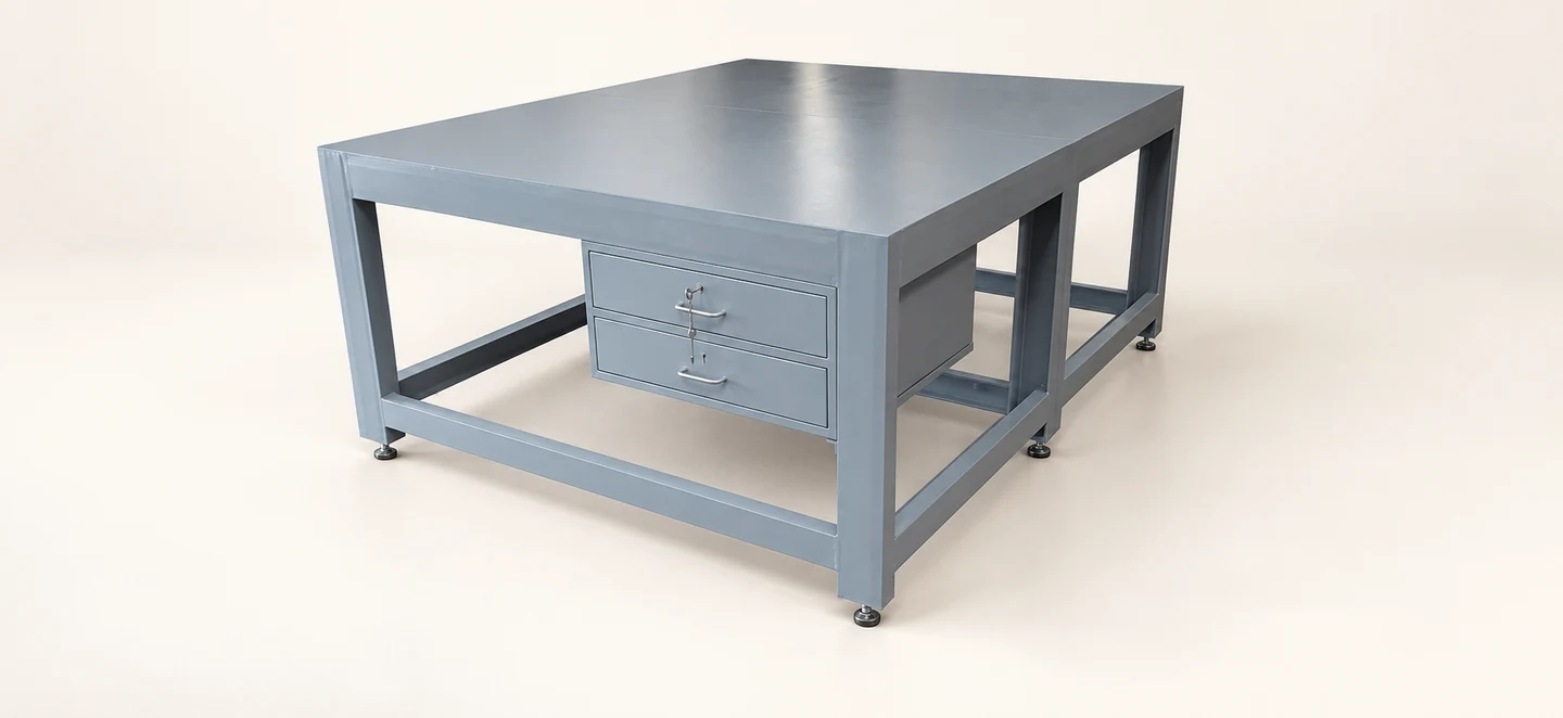 Grey workbench with two right drawers — AI-cleaned product photograph