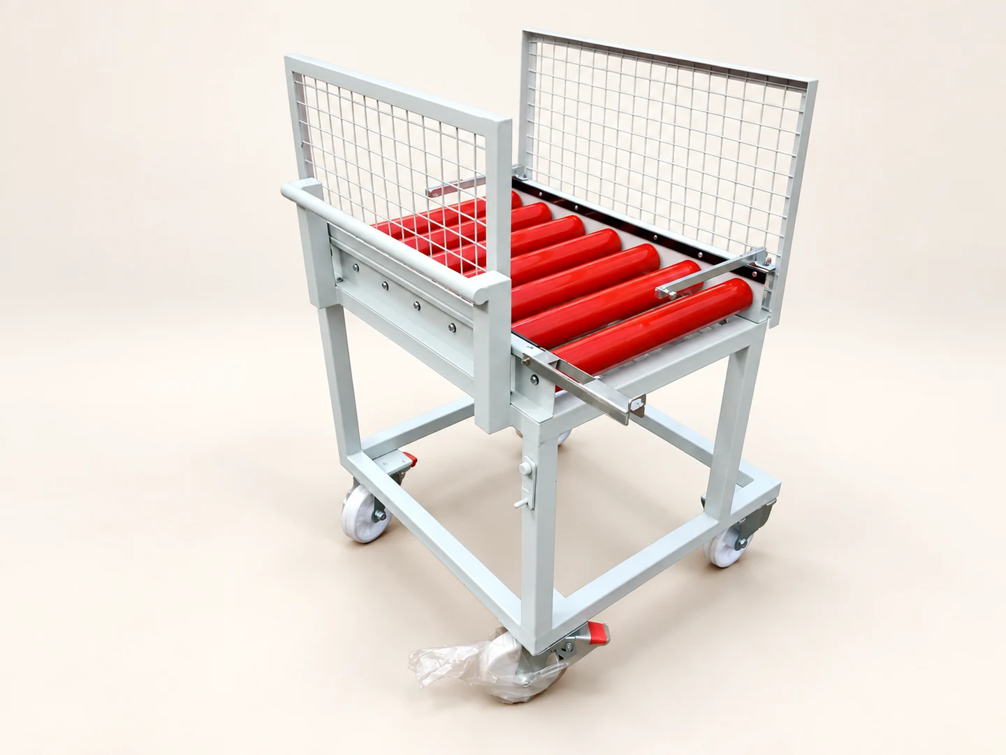 Mobile short red rollers with mesh side guards — AI-cleaned product photograph