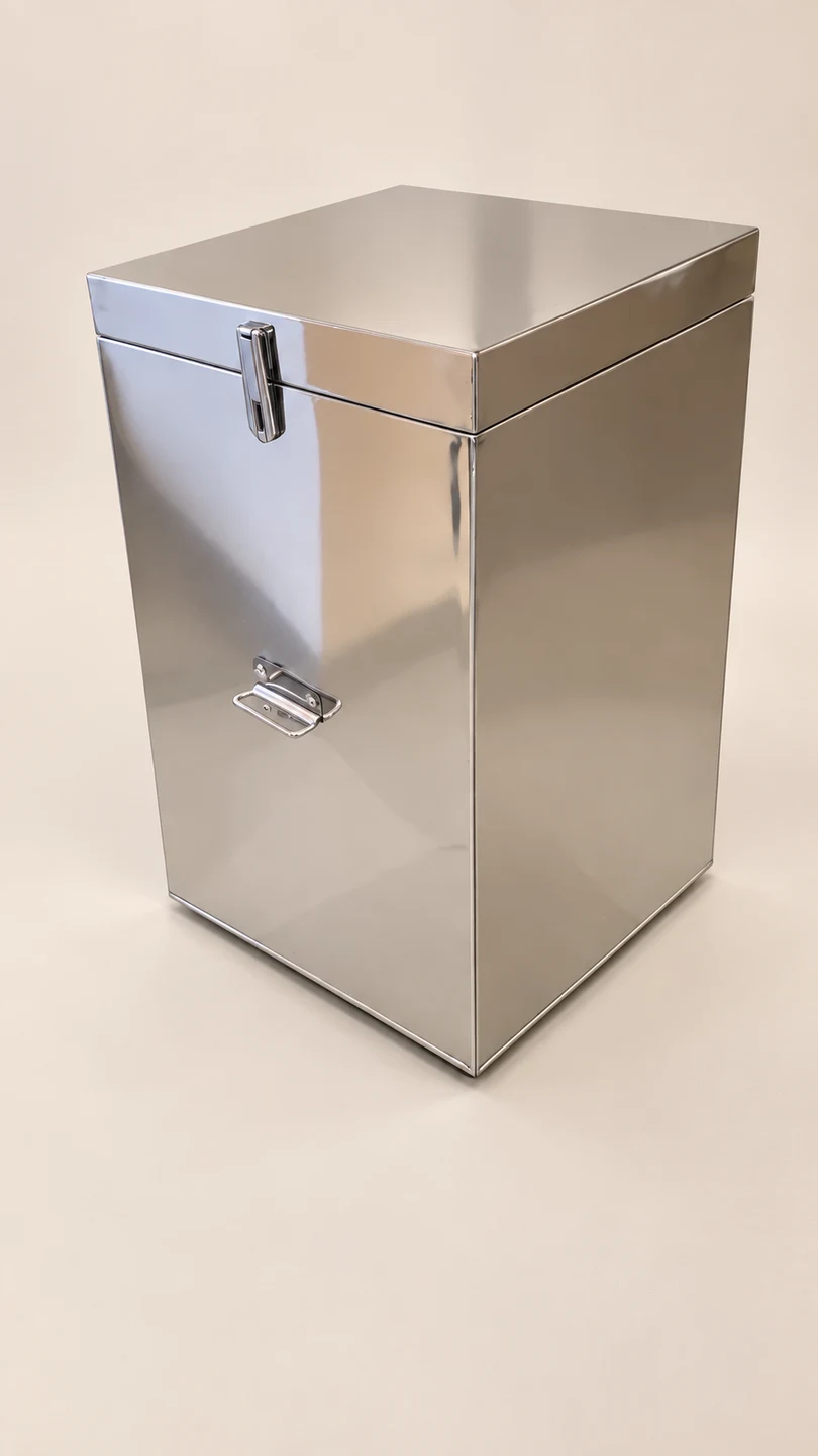 Tall reflective metal enclosure — AI-cleaned product photograph