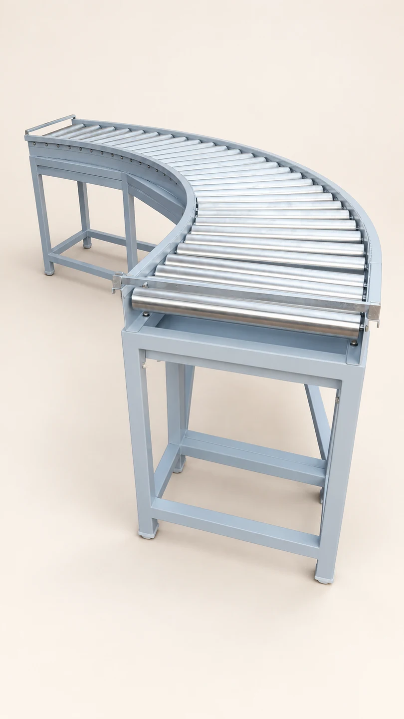 Compact curved white roller conveyor — AI-cleaned product photograph