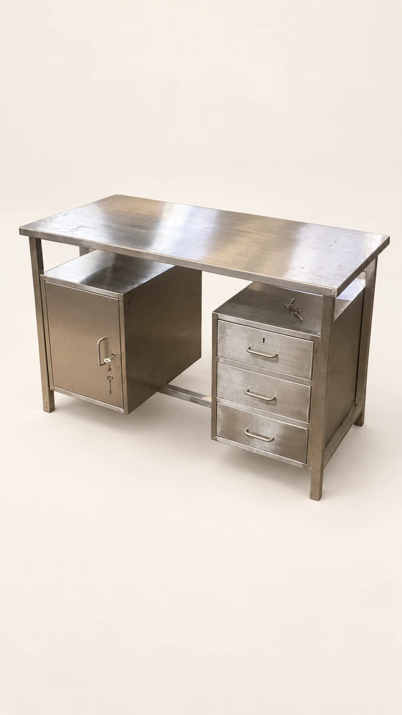 Double-pedestal metal workbench — AI-cleaned product photograph
