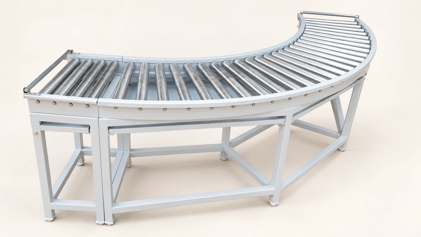 Compact curved white roller conveyor — AI-cleaned product photograph