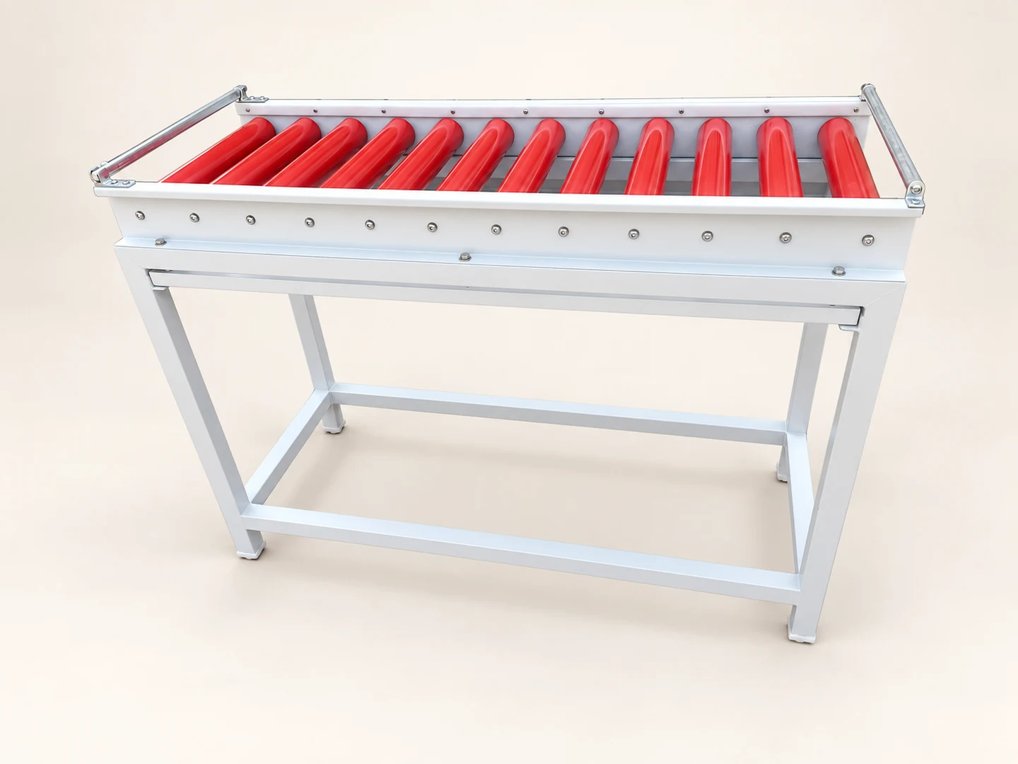 Short red roller conveyor with white fixed frame — AI-cleaned product photograph