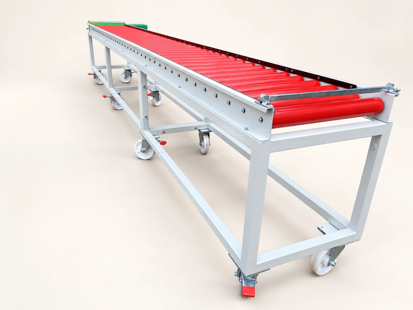 Mobile red roller conveyor — AI-cleaned product photograph