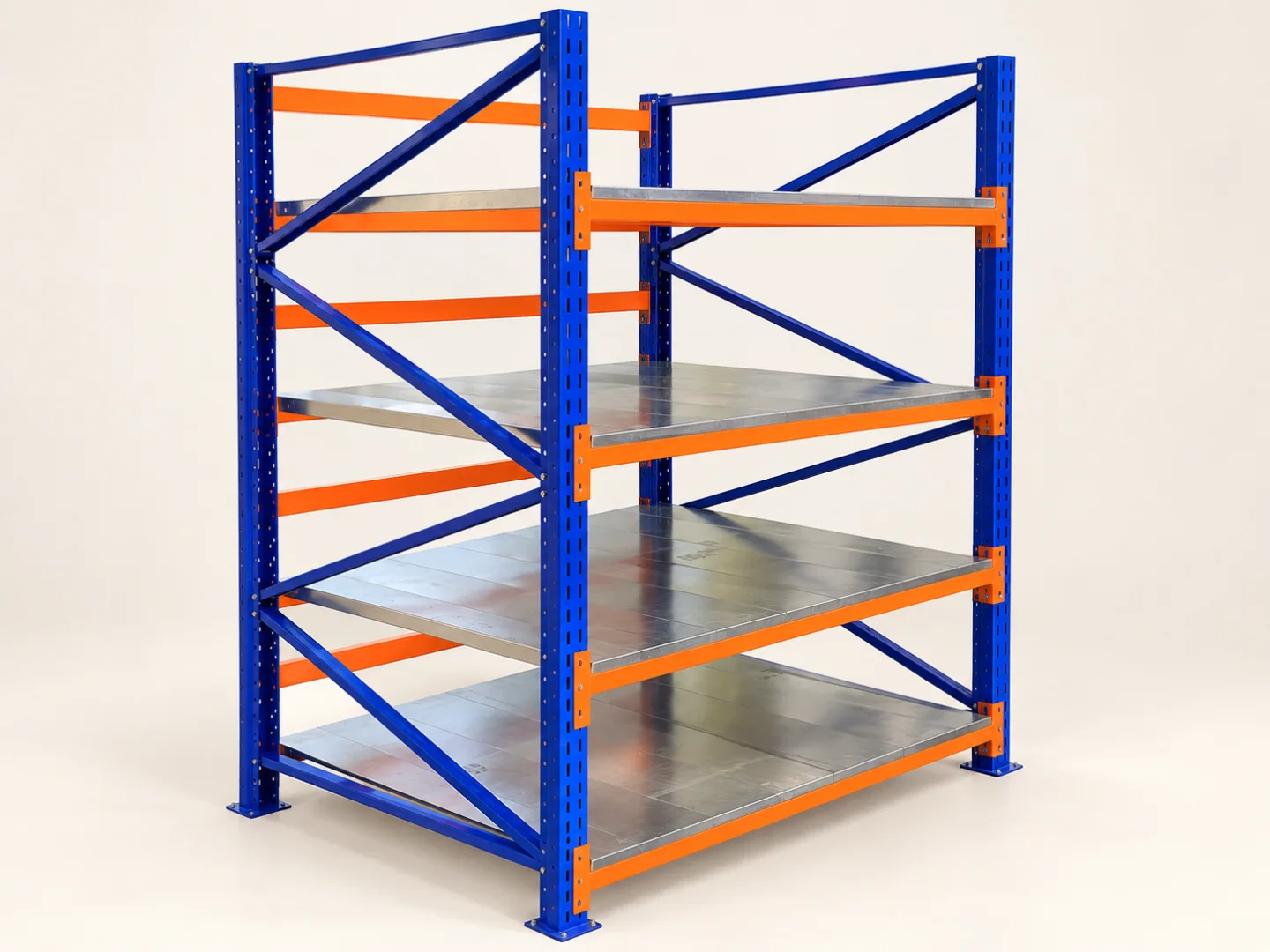 Blue and orange four-level freestanding rack — AI-retouched background
