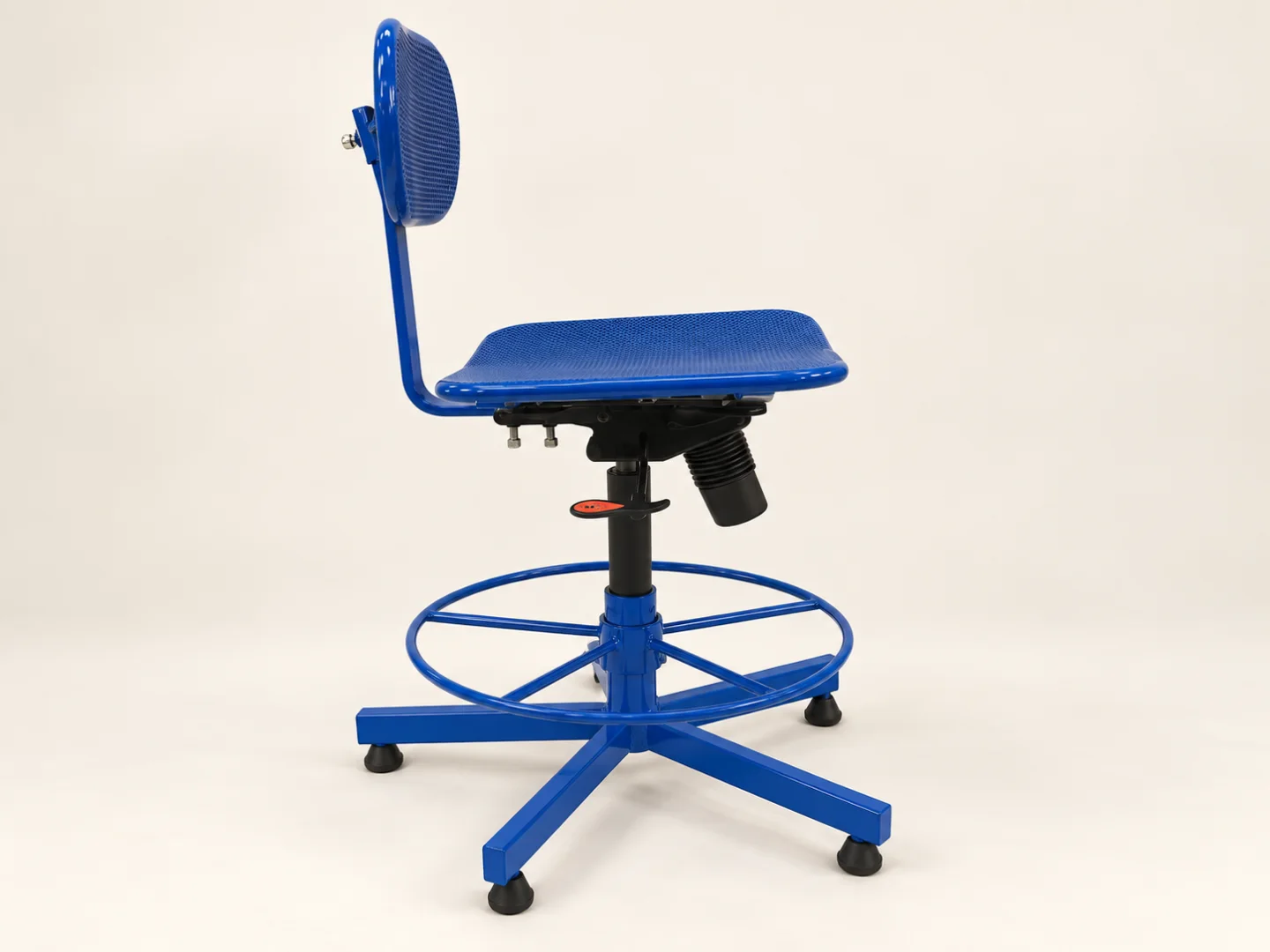 Blue adjustable shop-floor chair — AI-retouched background