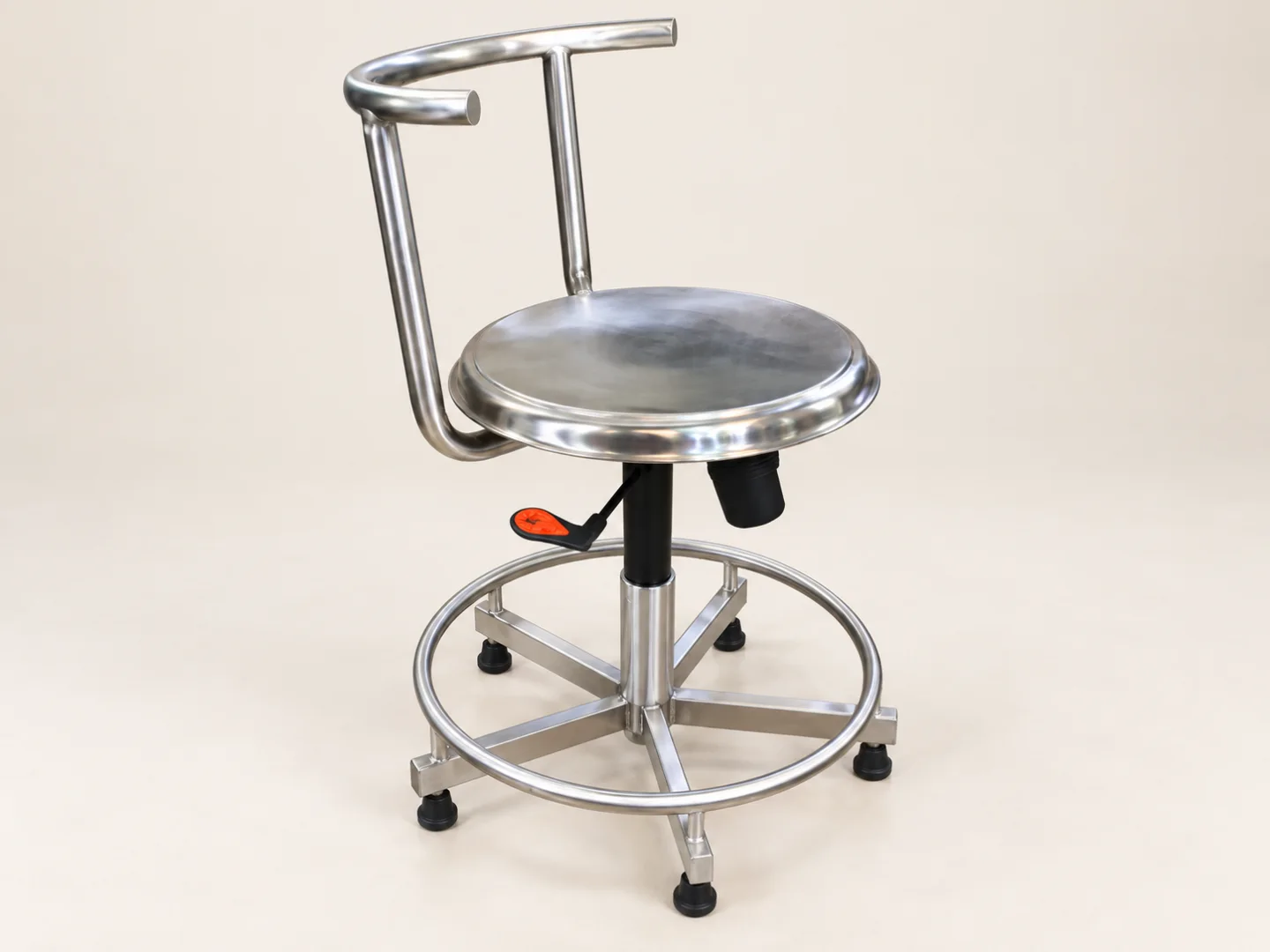 Stainless steel shop-floor chair — AI-retouched background