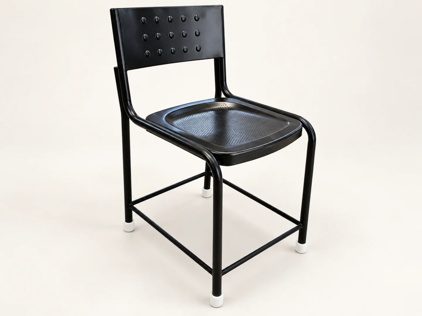 Black fixed-leg chair, second photographed angle — AI-retouched background