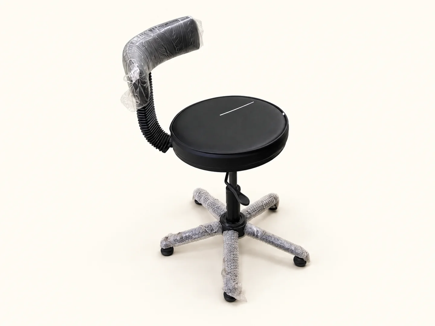 Padded adjustable shop-floor chair with protective wrapping — AI-retouched background
