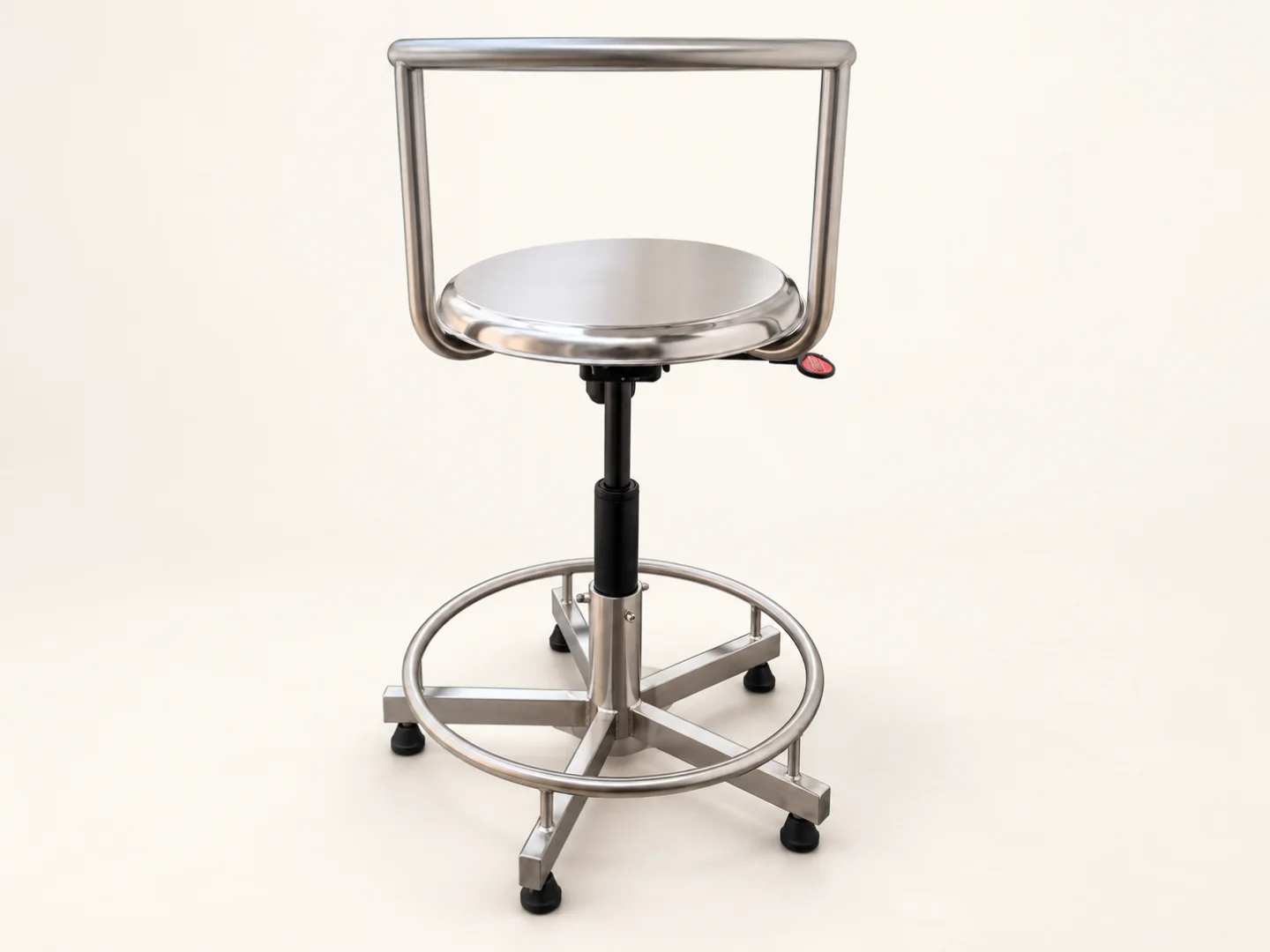 Stainless shop-floor chair, photographed frontal view — AI-retouched background