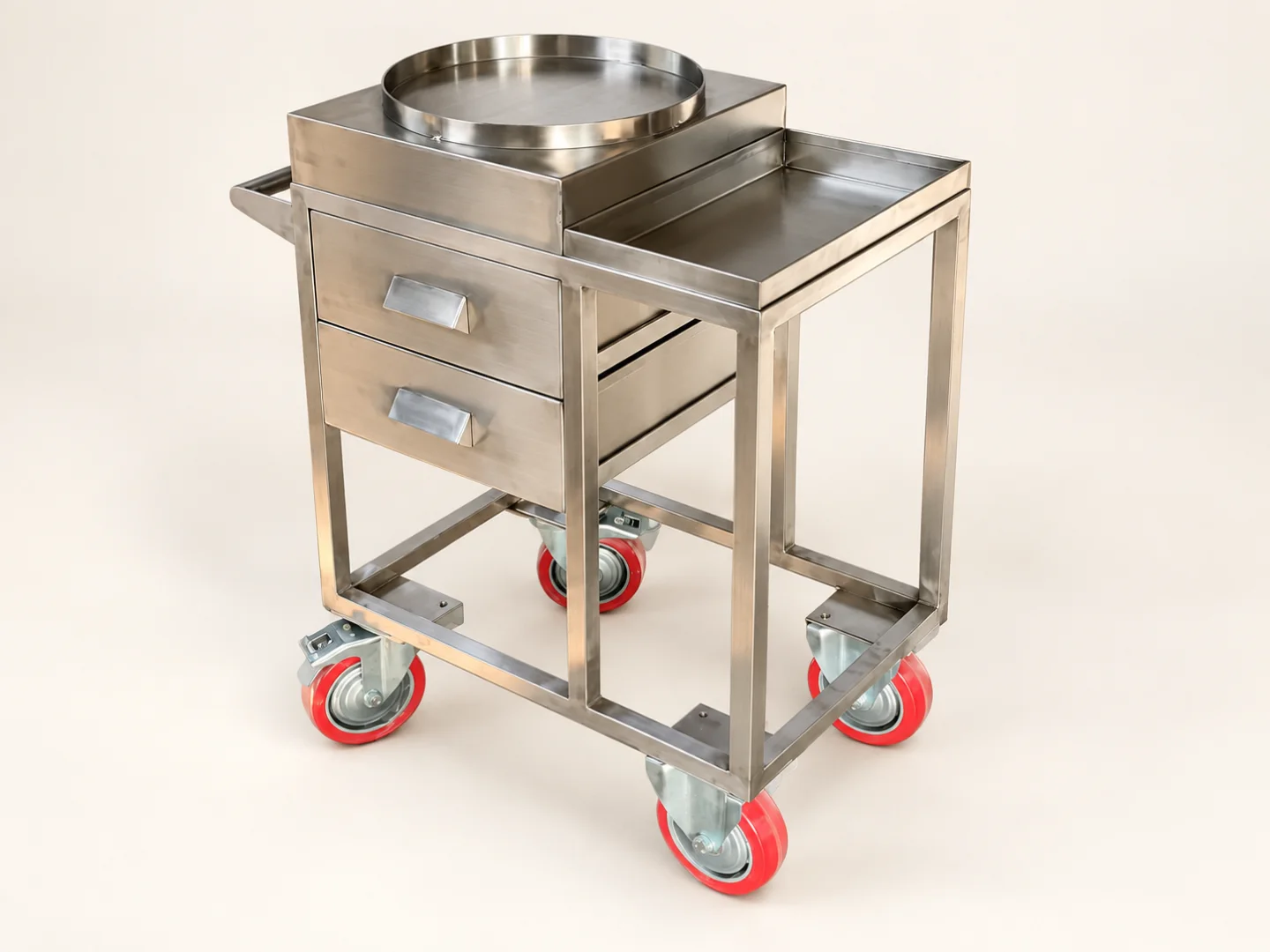 Stainless two-drawer trolley with red castors — AI-retouched background